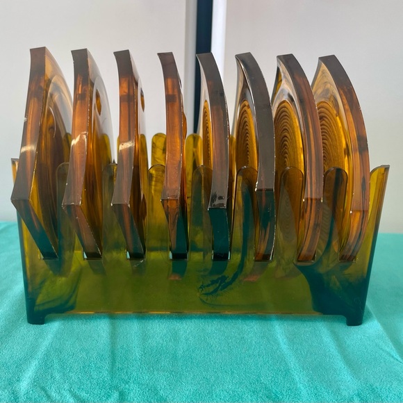 Vintage Amber Smoke Acrylic Yellow Rafia Coaster Set of 8 - Picture 3 of 7